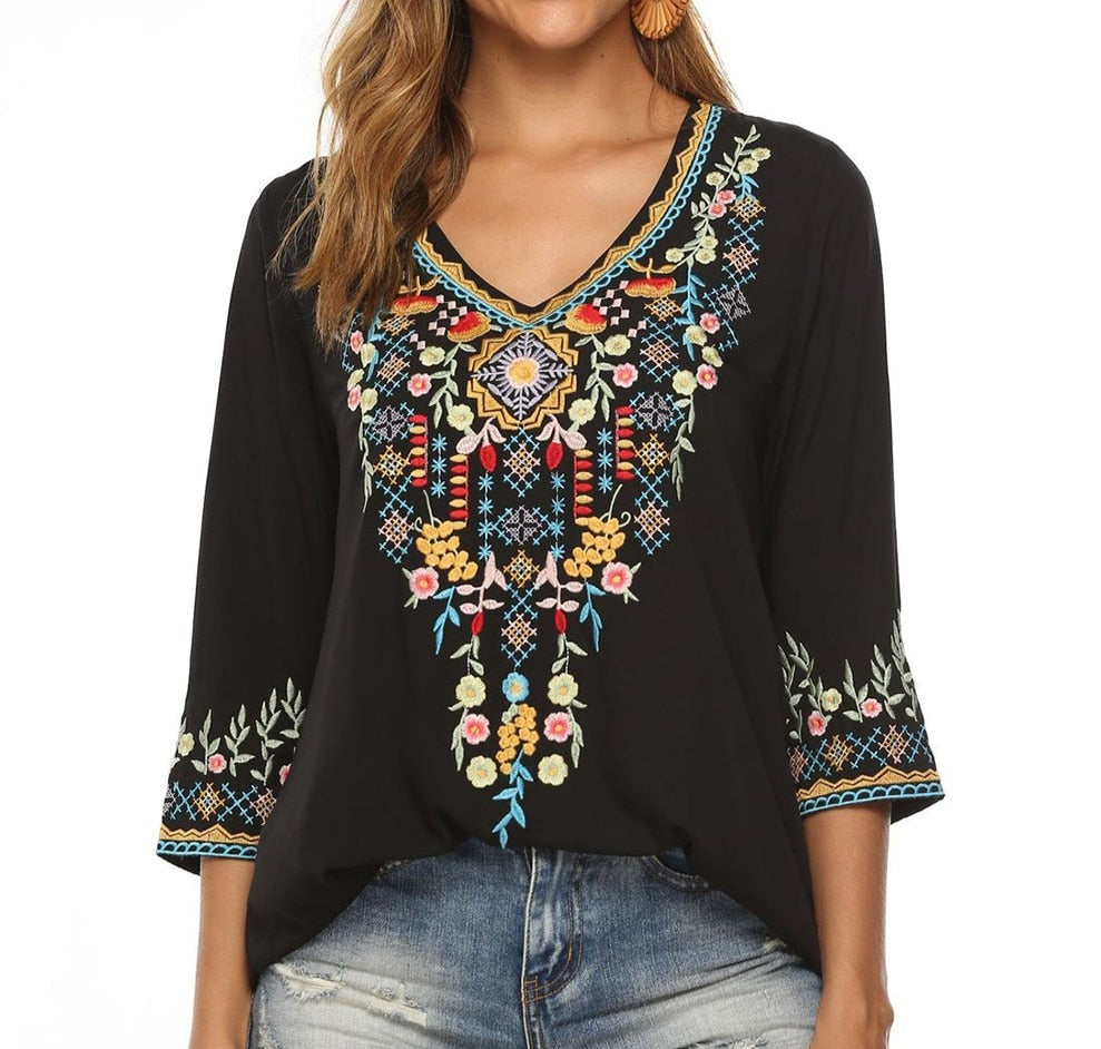 Boho Floral Chic Embroidered Hippie Shirt Blouse – Ishka