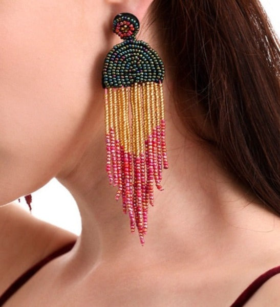 Bohemian Ethnic Color Long Tassel Beaded Drop Earrings – Ishka