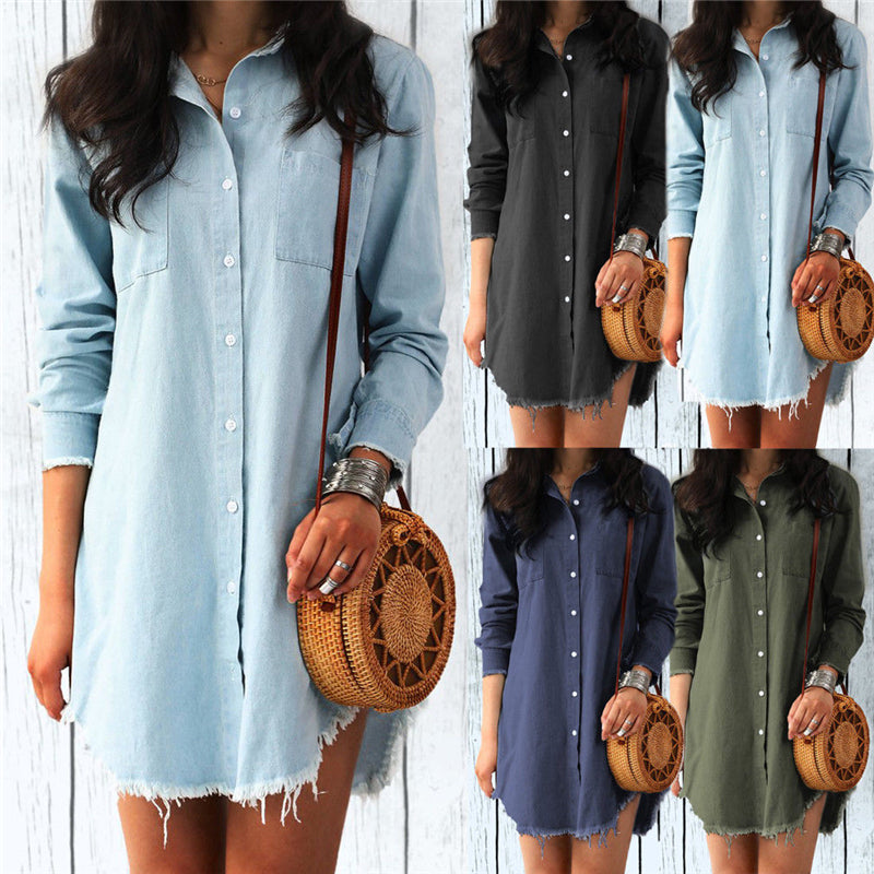 YWDJ Denim Dress for Women Shirt Dresses for Women Spring Long Sleeve  Casual Denim Lace High Waisted with Pockets Button Down Autumn Lapel Up  Beach Dresses for Everyday Wear Beach Vacation 
