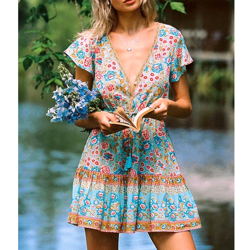 Vintage Casual Summer Floral Boho Mini Dress – Ishka