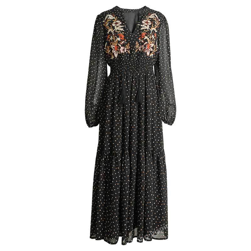 Black Floral Autum Embroidery Vintage Dress