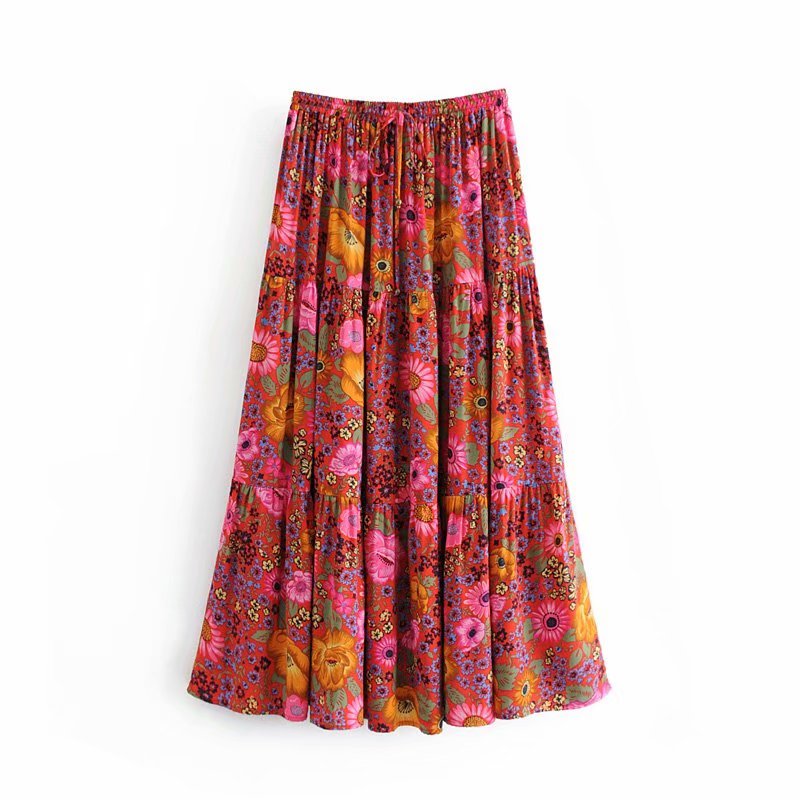 Bohemian Red Floral A-Line Femme Hippie Maxi Skirt – Ishka