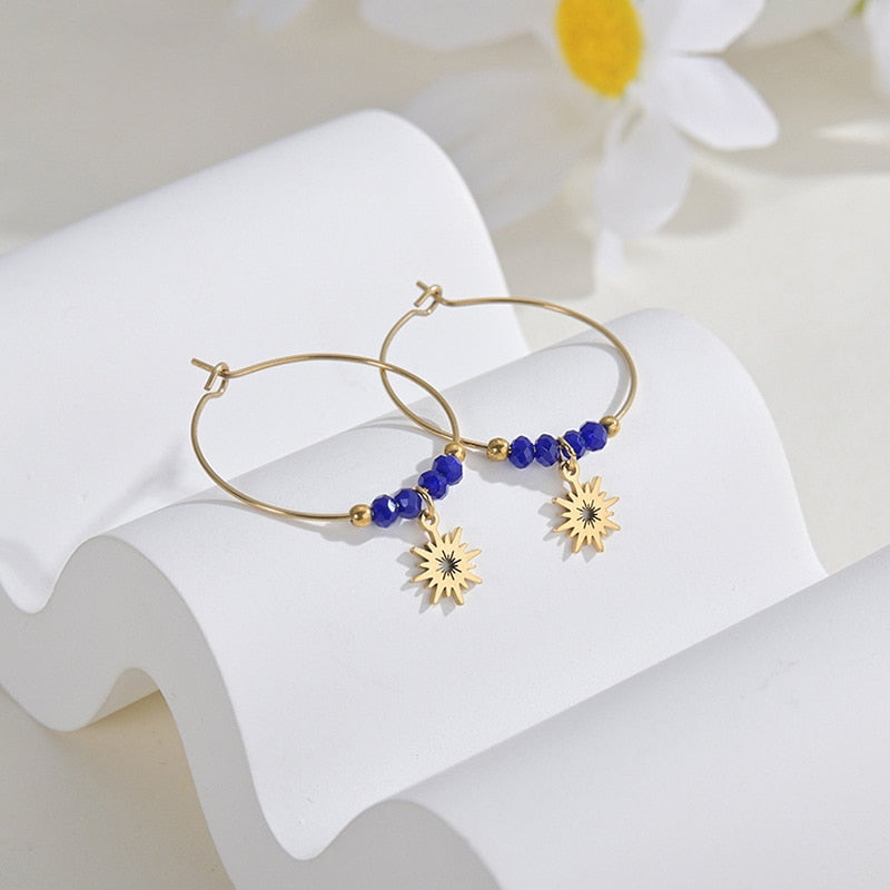 Aneh Stainless Steel Flower Sun Charm Hoop Earrings Golden Round C –  Ishka