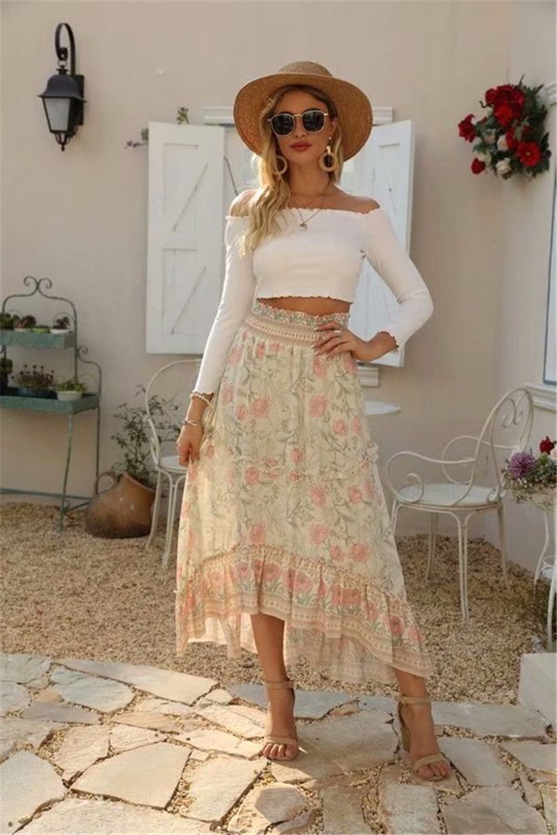 Printed Elasticized Waist Maxi Skirt