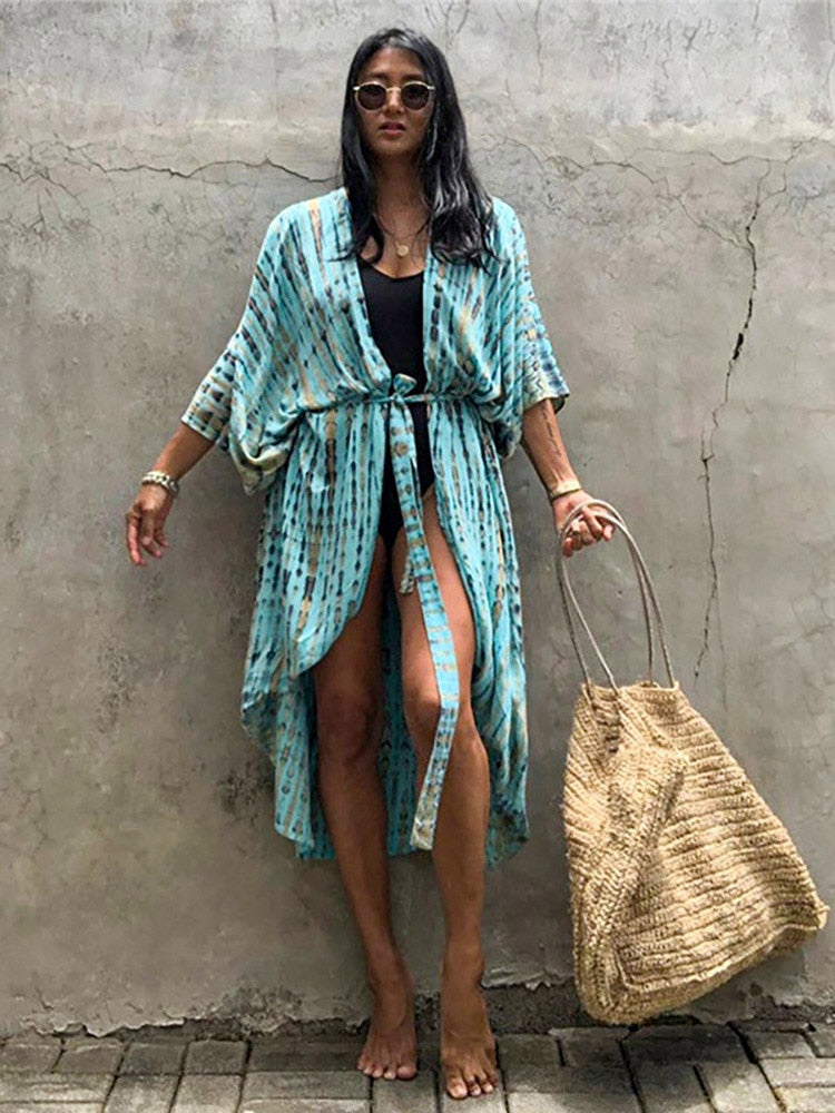 Boho Stripes Tie Dye Bikini Cover ups Beach Kimono Dress Ishka