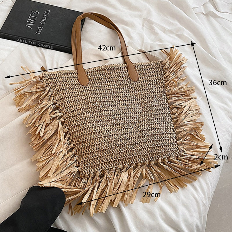 Woven Straw Handbag With Tassel Handmade Rattan Purse -  in