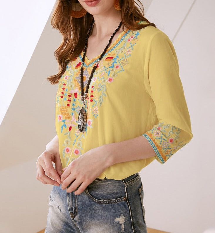 Boho Floral Chic Embroidered Hippie Shirt Blouse – Ishka